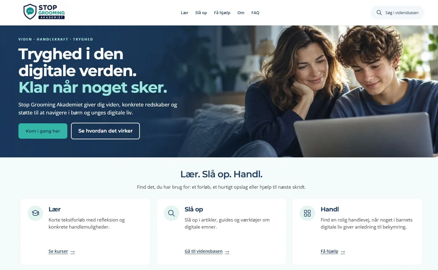 Akademiets startside med de tre indgange Lær, Slå op og Handl.